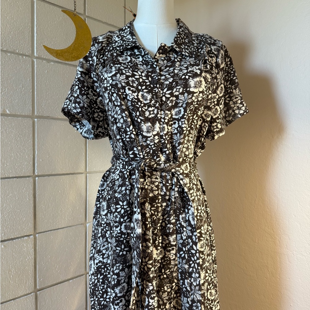 Christopher & Banks Brown and White Midi Dress with Flutter Sleeves